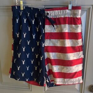 George Men's Navy Deer Print and Red Striped Swim Trunks